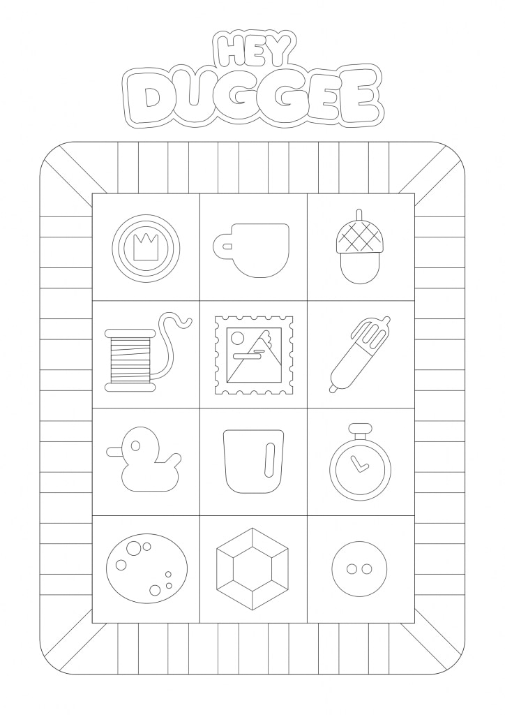 Colouring sheet with different images such as a cup, acorn and pen