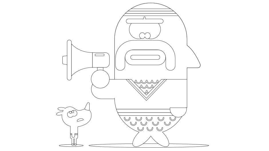 Colouring sheet template of Tag and a large, angry fish 