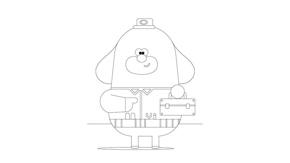 Image of colouring sheet with Hey Duggee dressed as a plumber.