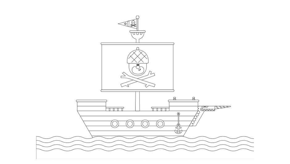 Colouring sheet image of a pirate ship with Duggee's face on the wind sail.
