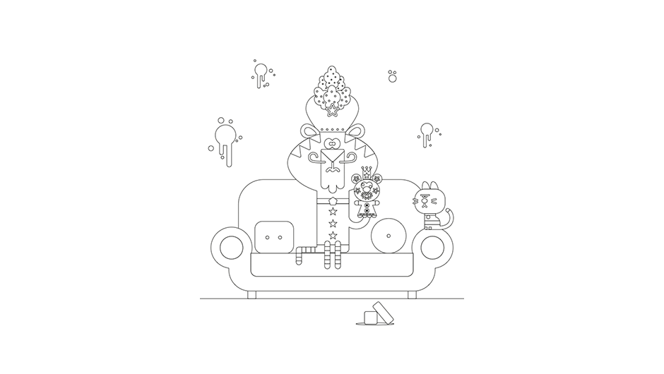 Colouring sheet image of King Tiger seated on a sofa with a hand puppet and Enid the cat perched on the arm of the sofa.
