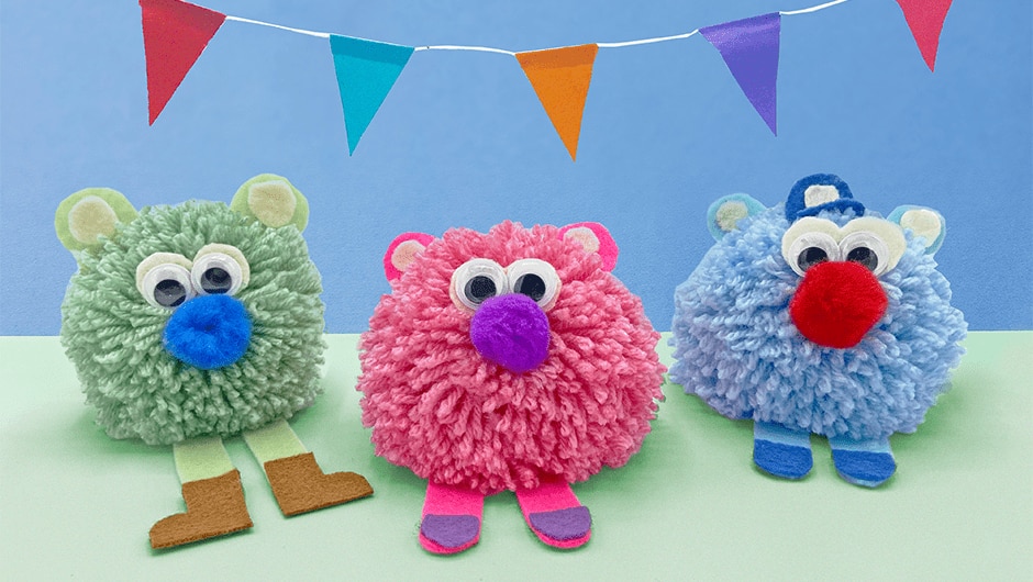 An image of three complete Scruffalumps, coloured green, pink and blue.
