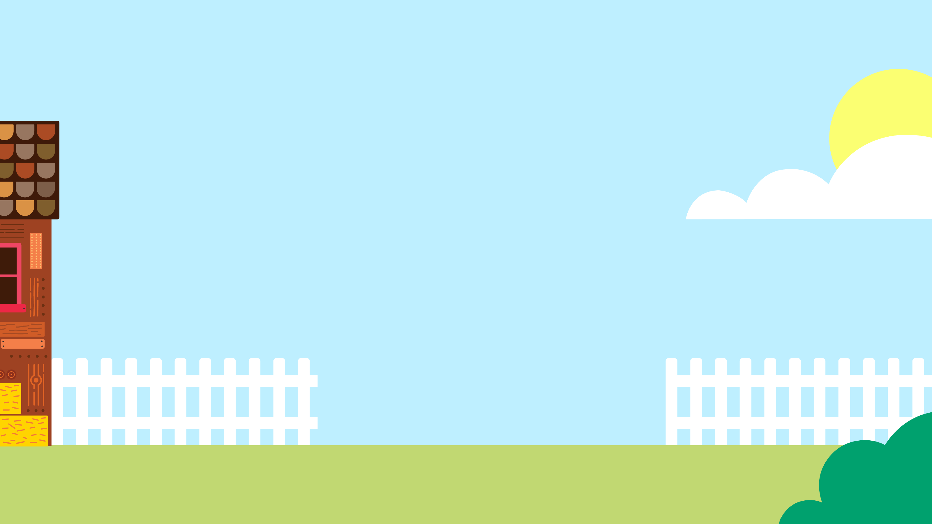 Clubhouse with hay bales and white picket fence