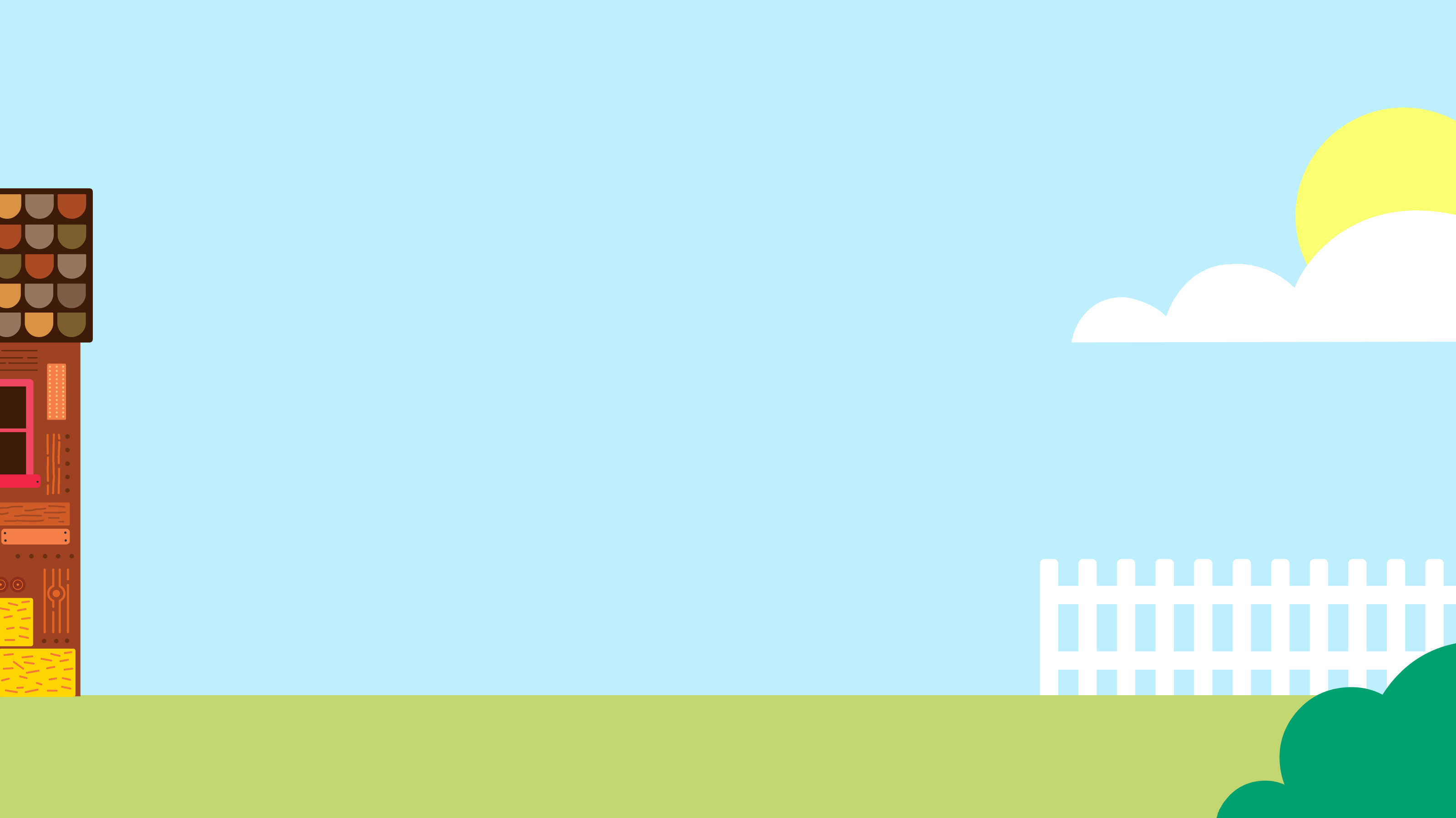 Clubhouse with hay bales and white picket fence