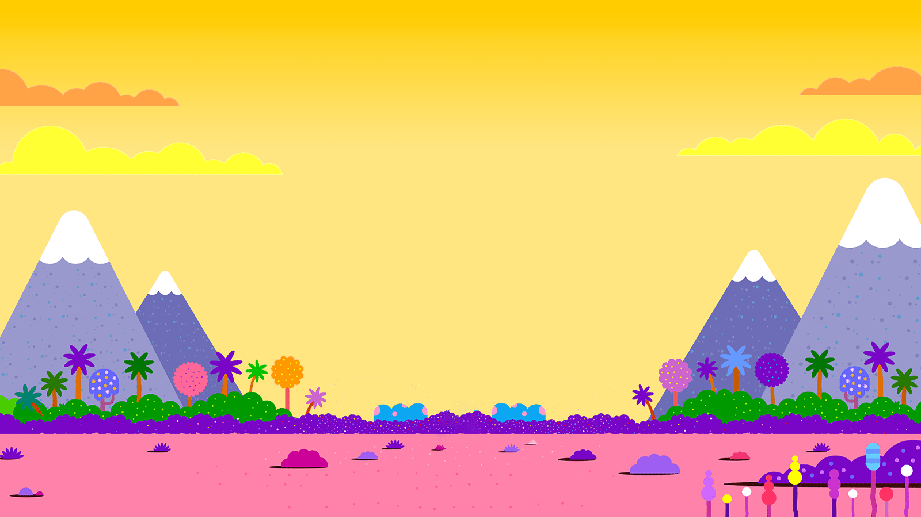 Snowcapped mountains, yellow sky and pink and purple jungle
