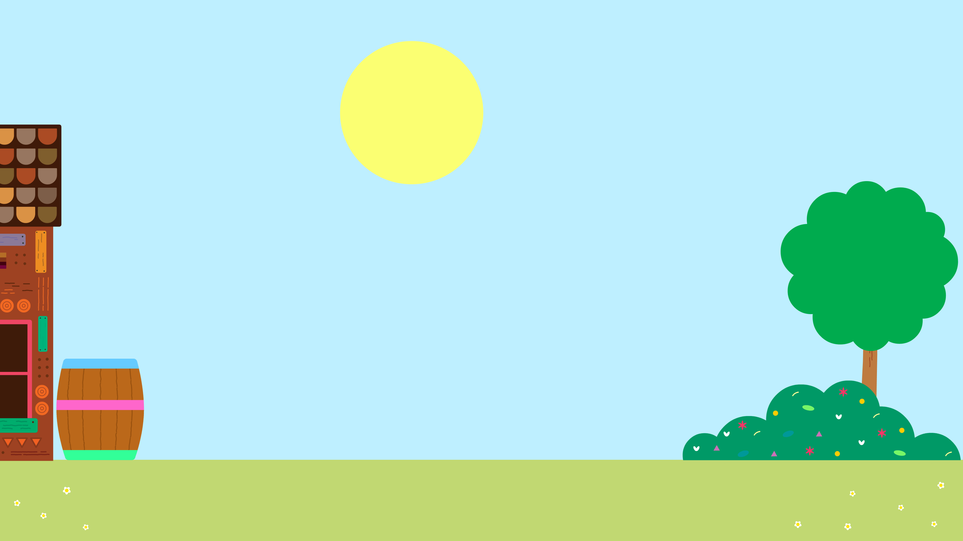 Clubhouse with barrel, tree and sunshine