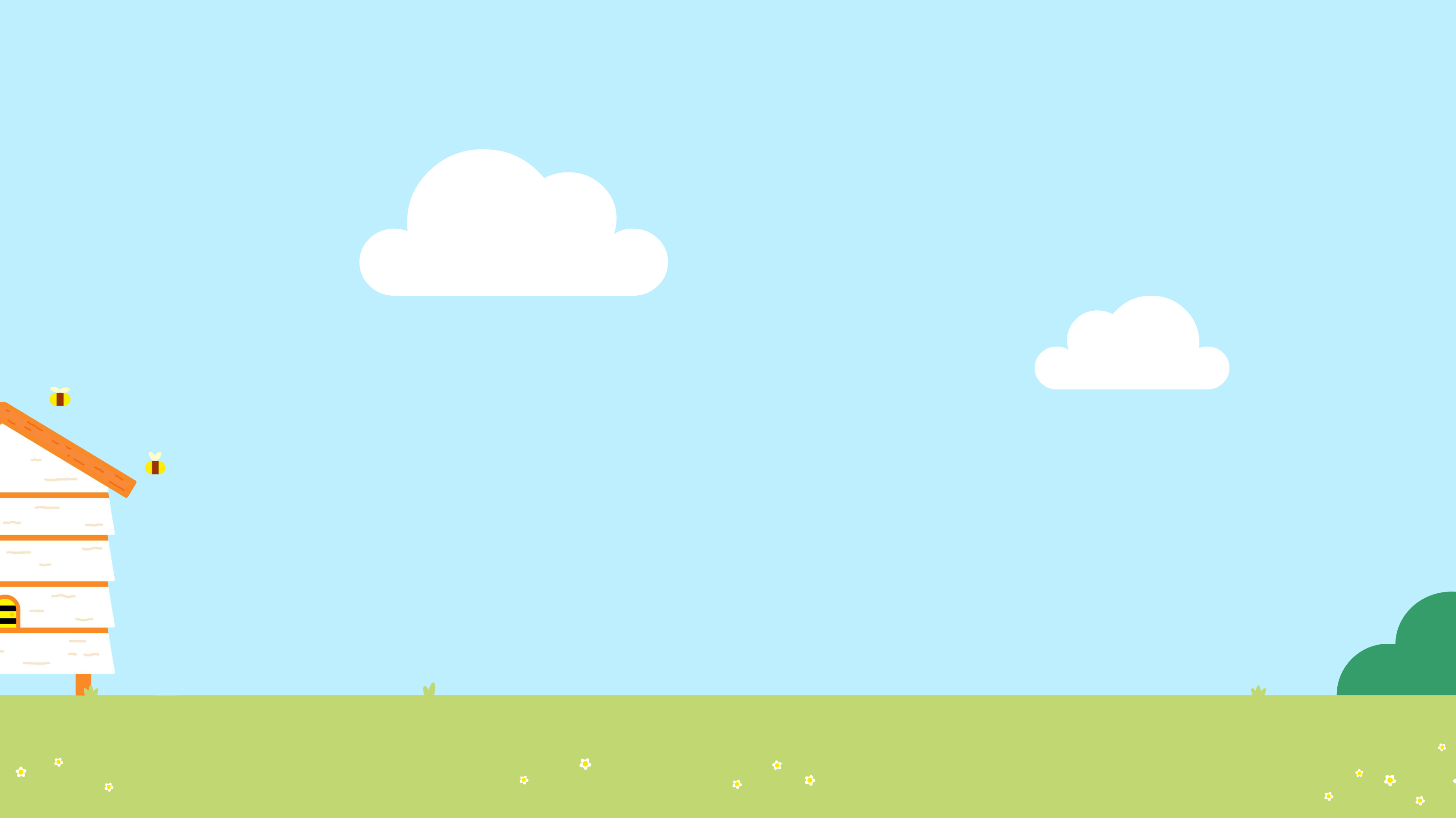 Bee hive with clouds, flowers and bush