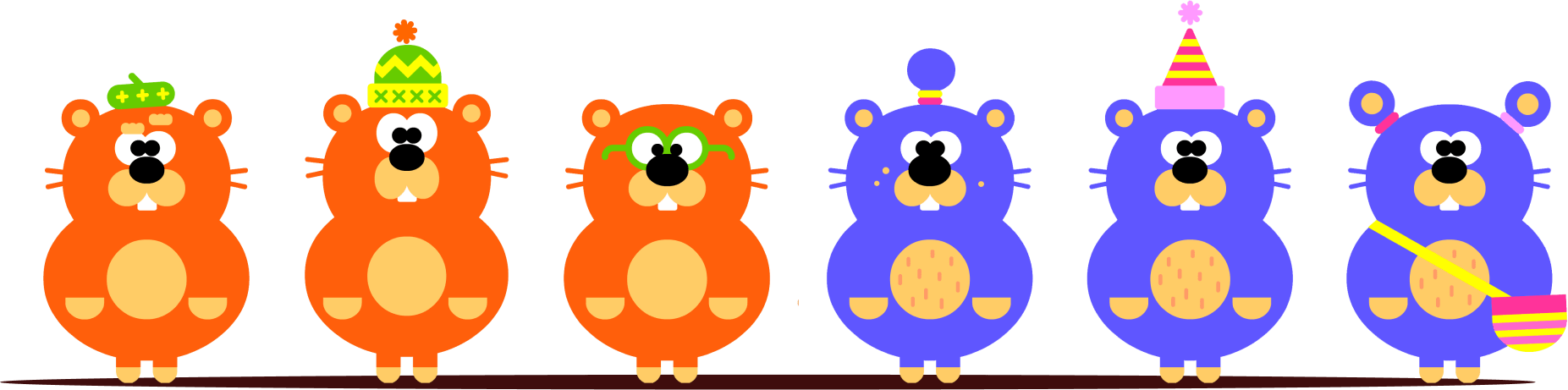 Red and blue gerbils in a line